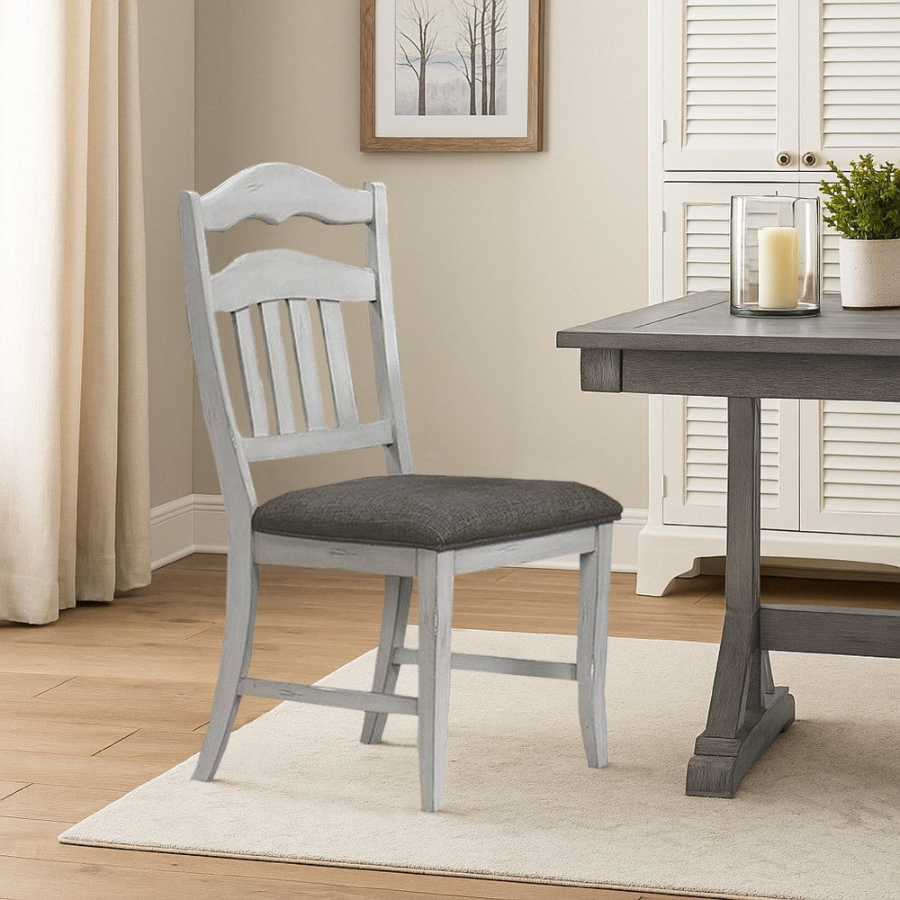 Benjara Zeke Dining Chairs, Set of 2, Ladder Back, Classic White Wood, Gray Fabric
