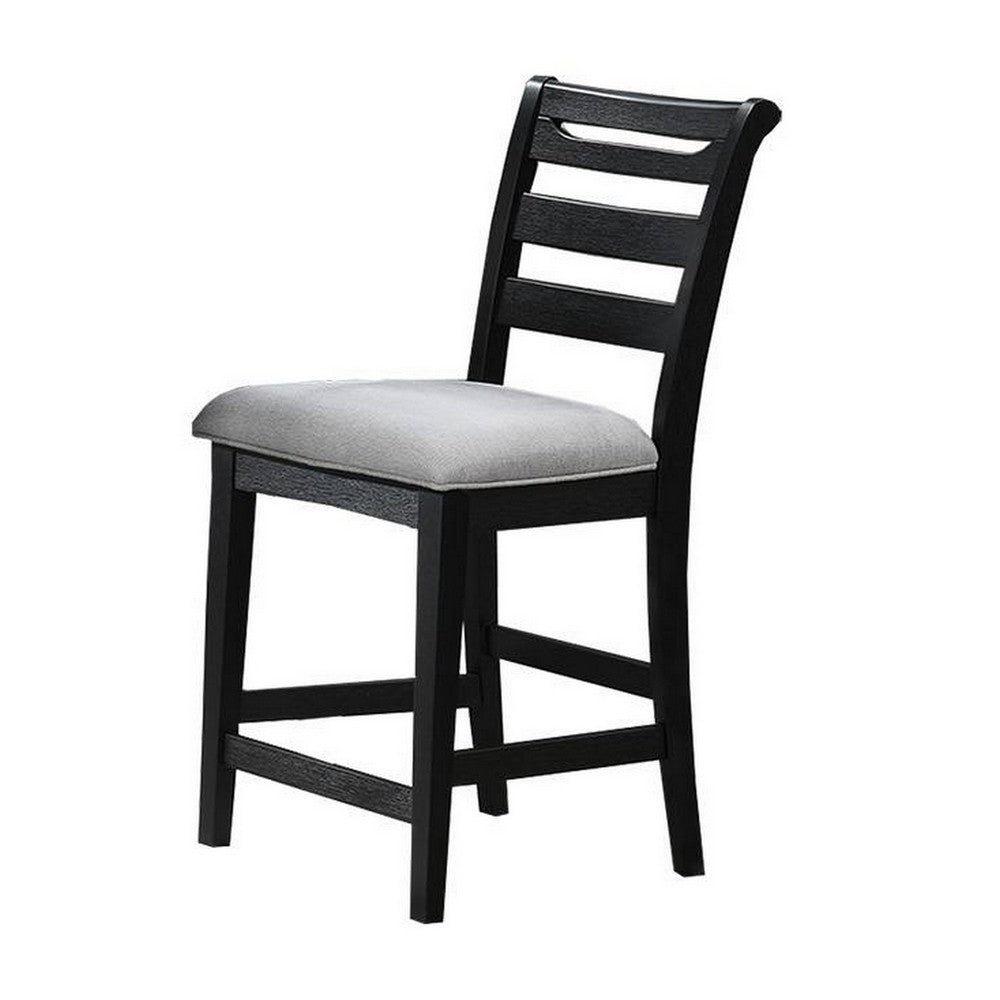 Benjara Remus Counter Height Chairs, Set of 2, Ladder Back, Black Embossed Wood, Gray Fabric