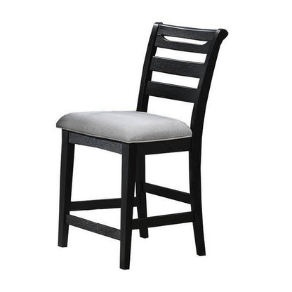 Benjara Remus Counter Height Chairs, Set of 2, Ladder Back, Black Embossed Wood, Gray Fabric