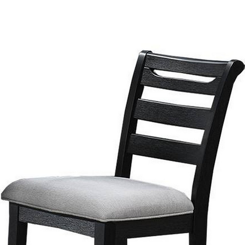 Benjara Remus Counter Height Chairs, Set of 2, Ladder Back, Black Embossed Wood, Gray Fabric