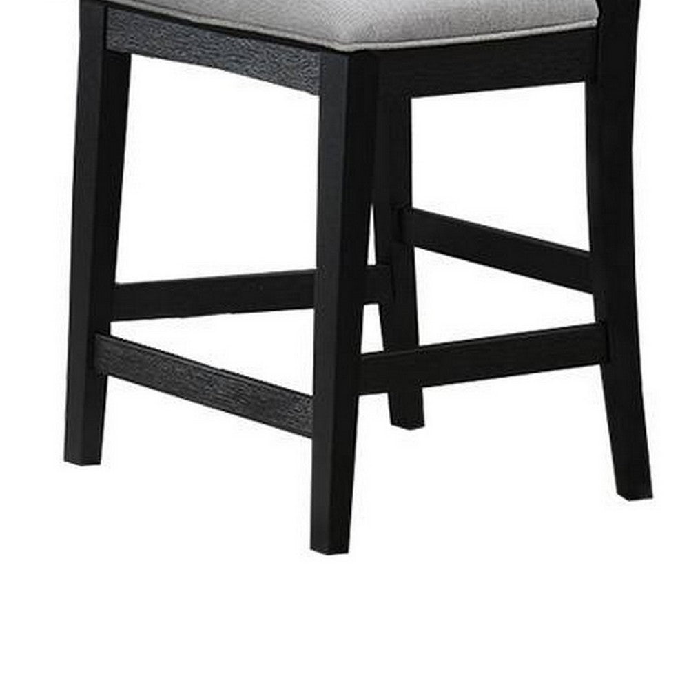 Benjara Remus Counter Height Chairs, Set of 2, Ladder Back, Black Embossed Wood, Gray Fabric