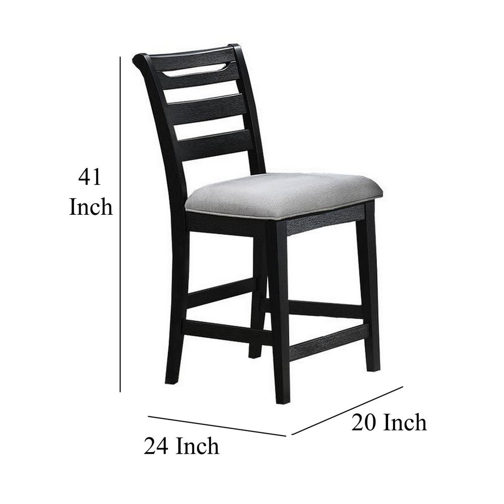 Benjara Remus Counter Height Chairs, Set of 2, Ladder Back, Black Embossed Wood, Gray Fabric