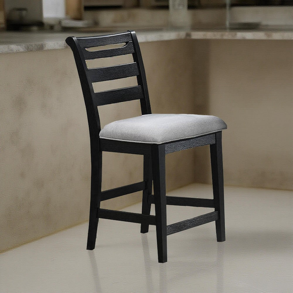 Benjara Remus Counter Height Chairs, Set of 2, Ladder Back, Black Embossed Wood, Gray Fabric
