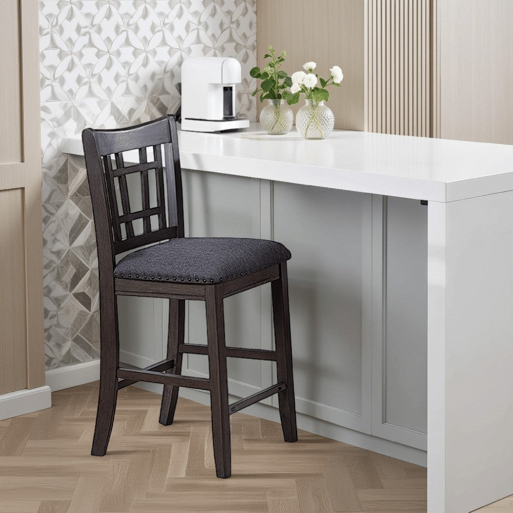 Benjara Raha Counter Height Chairs, Set of 2, Nailhead Trim, Open Square Back, Dark Gray