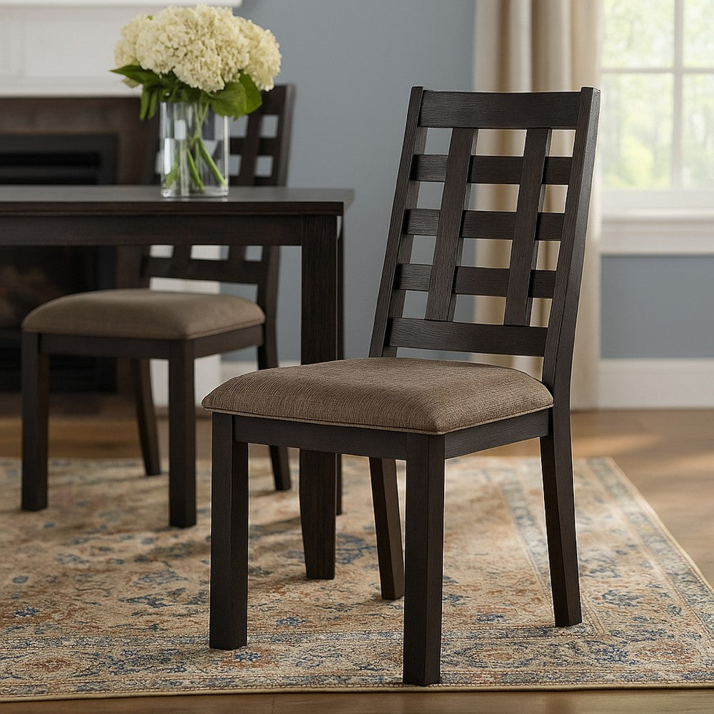 Benjara Trixy Dining Chairs, Set of 2, Open Square Back, Espresso Wood, Beige Fabric