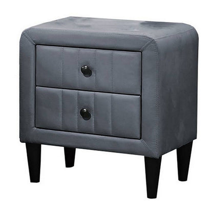 Benjara Rheo Nightstand, 2 Drawers, 22 Inch Upholstered in Dark Gray Velvet