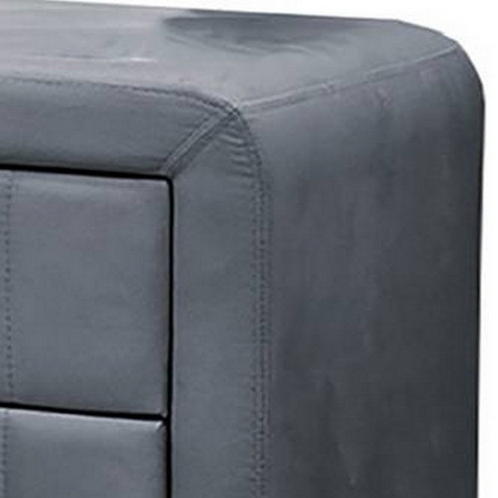 Benjara Rheo Nightstand, 2 Drawers, 22 Inch Upholstered in Dark Gray Velvet