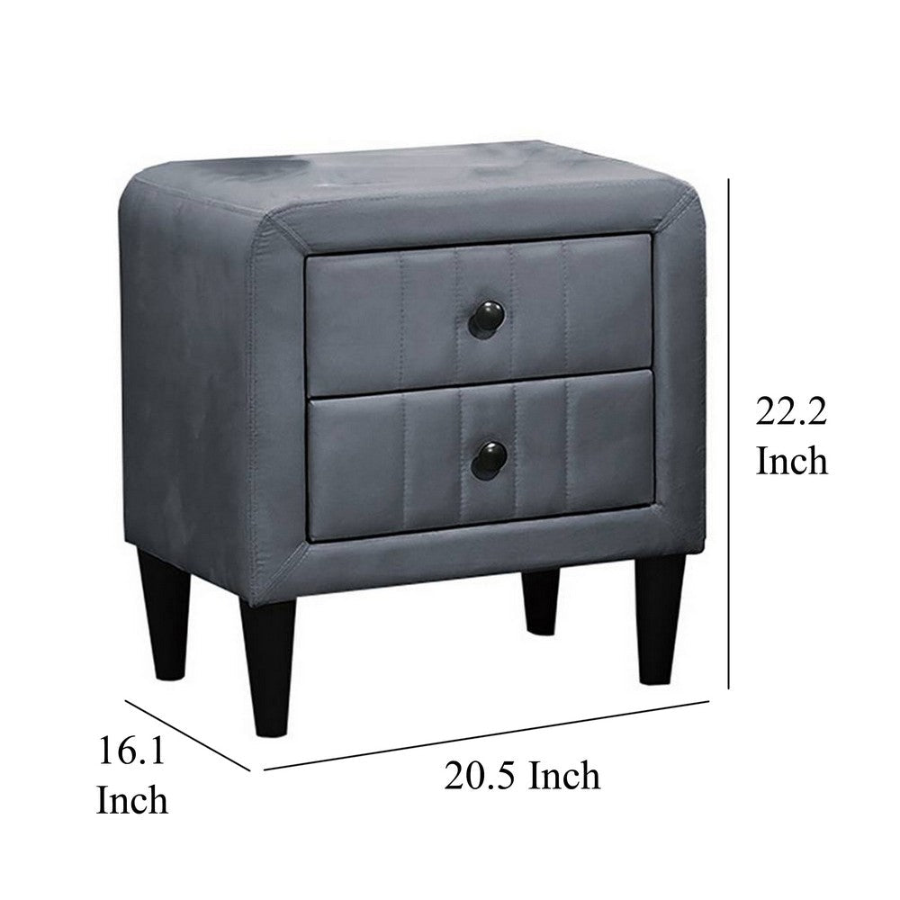 Benjara Rheo Nightstand, 2 Drawers, 22 Inch Upholstered in Dark Gray Velvet