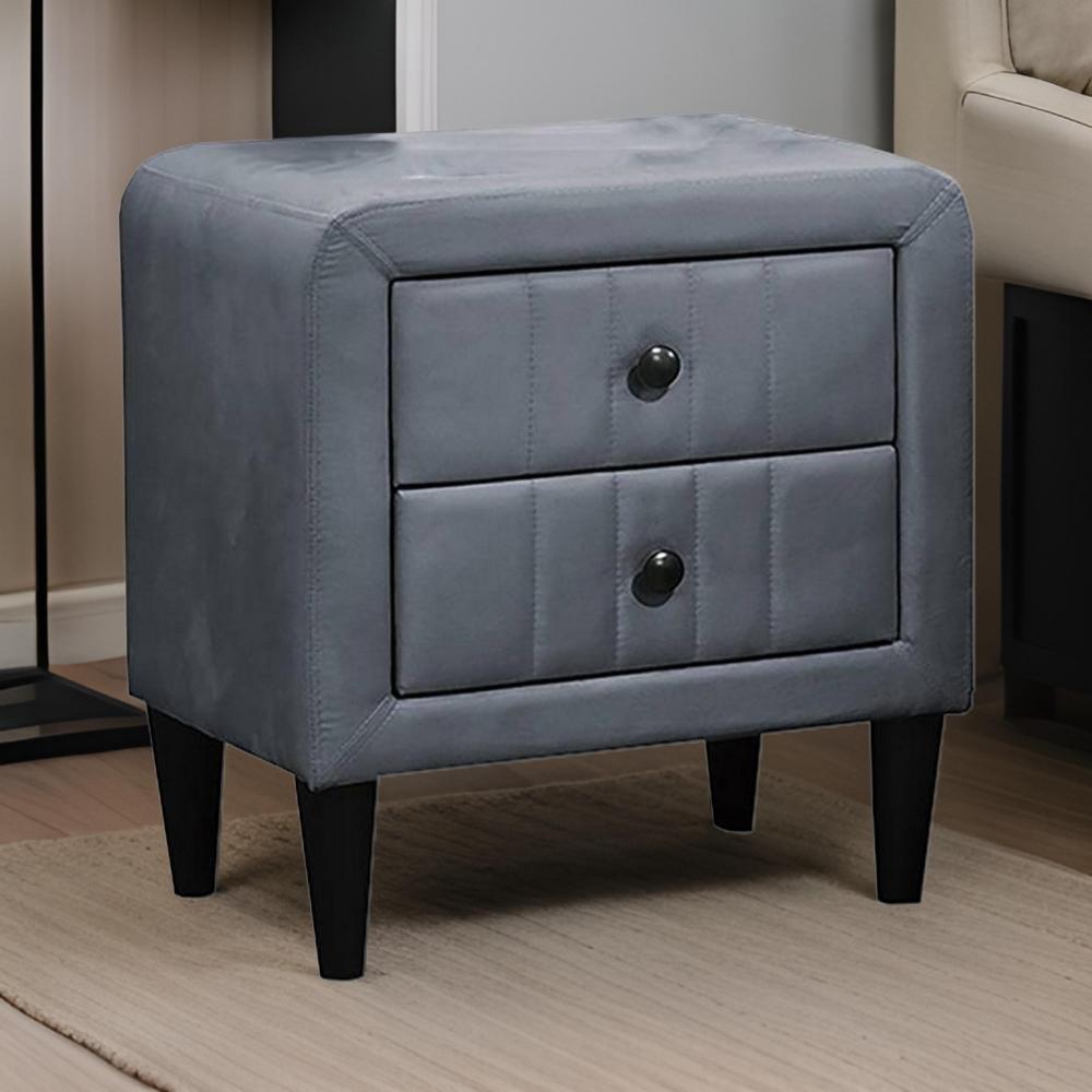 Benjara Rheo Nightstand, 2 Drawers, 22 Inch Upholstered in Dark Gray Velvet