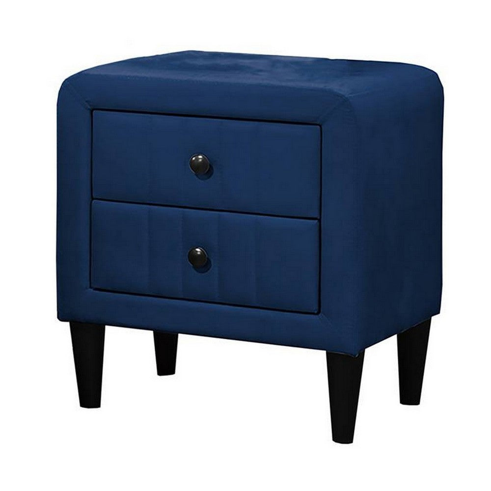 Benjara Rheo Nightstand, 2 Drawers, 22 Inch Upholstered in Navy Blue Velvet
