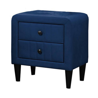 Benjara Rheo Nightstand, 2 Drawers, 22 Inch Upholstered in Navy Blue Velvet