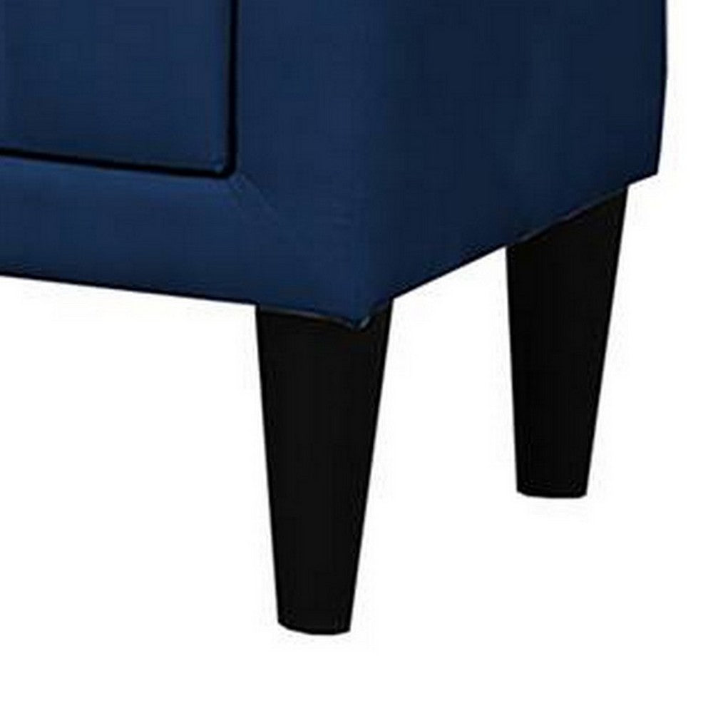 Benjara Rheo Nightstand, 2 Drawers, 22 Inch Upholstered in Navy Blue Velvet