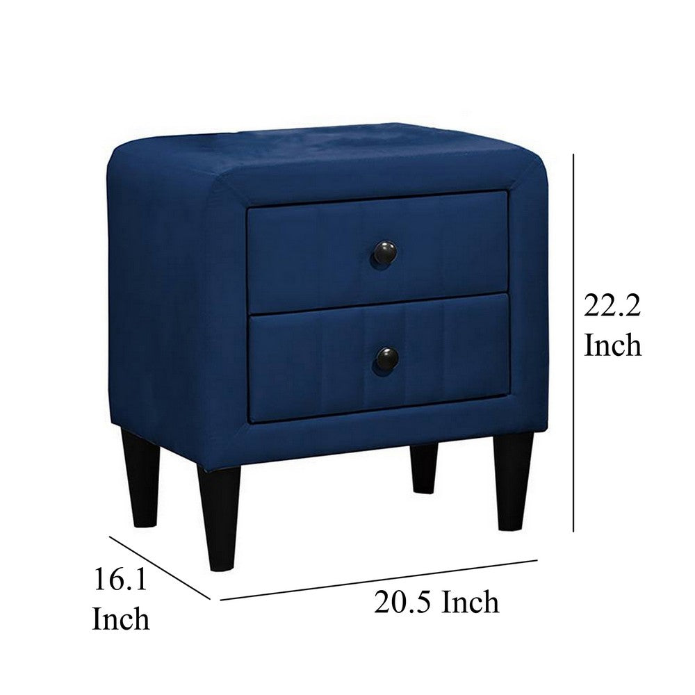 Benjara Rheo Nightstand, 2 Drawers, 22 Inch Upholstered in Navy Blue Velvet