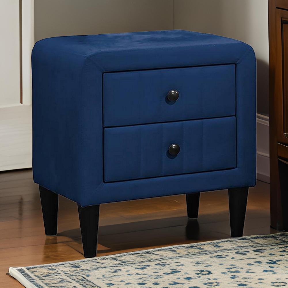 Benjara Rheo Nightstand, 2 Drawers, 22 Inch Upholstered in Navy Blue Velvet