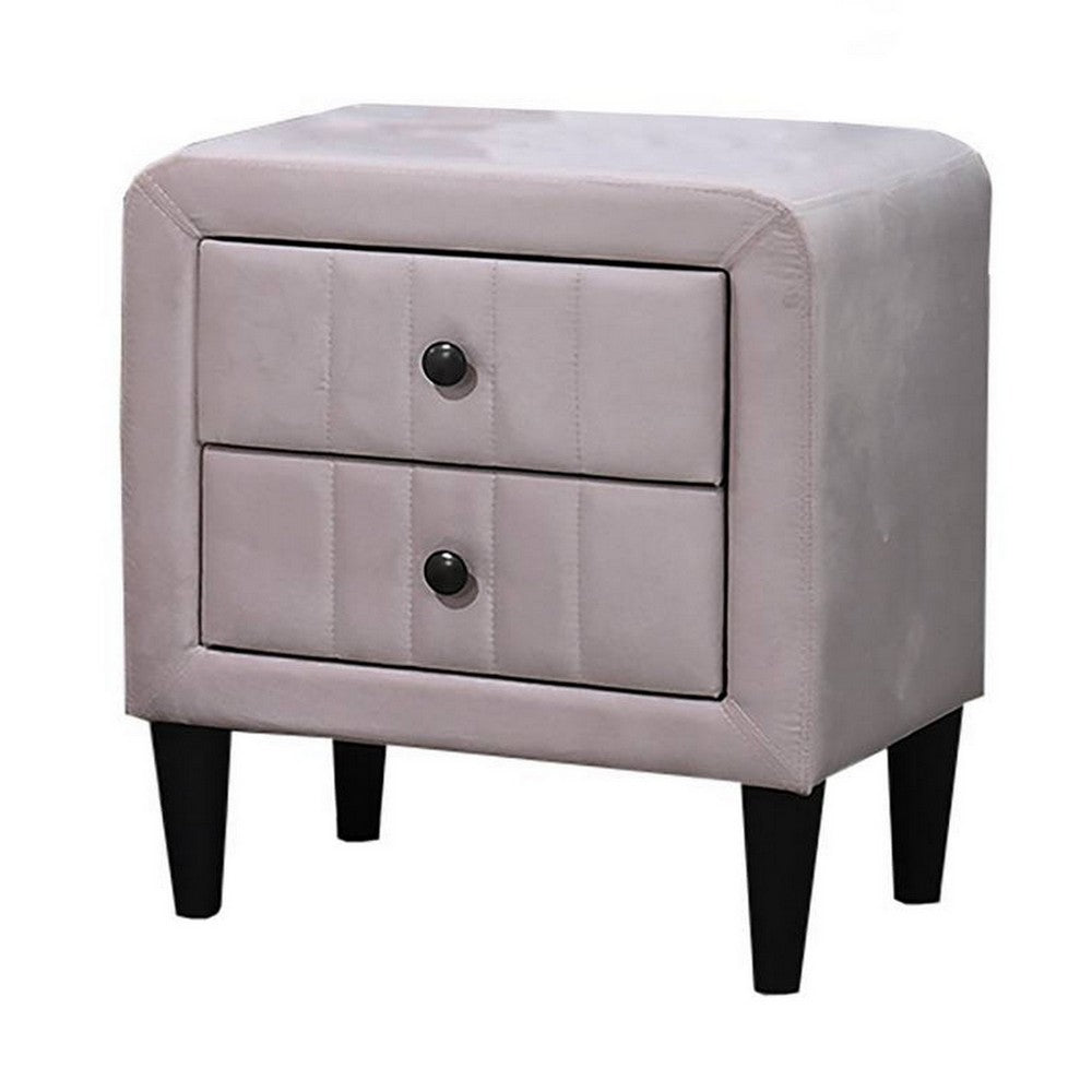 Benjara Rheo Nightstand, 2 Drawers, 22 Inch Upholstered in Light Pink Velvet