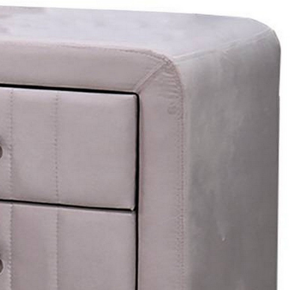 Benjara Rheo Nightstand, 2 Drawers, 22 Inch Upholstered in Light Pink Velvet