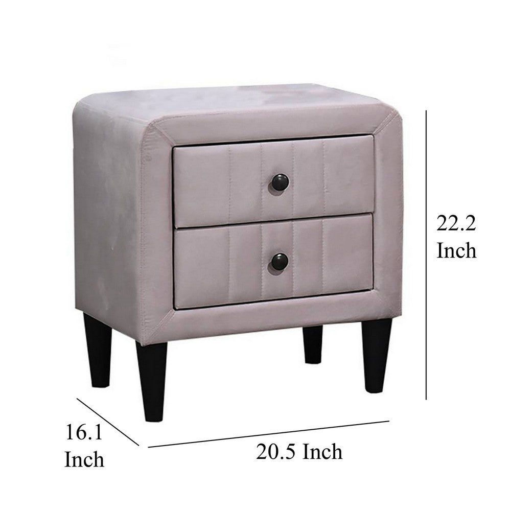 Benjara Rheo Nightstand, 2 Drawers, 22 Inch Upholstered in Light Pink Velvet