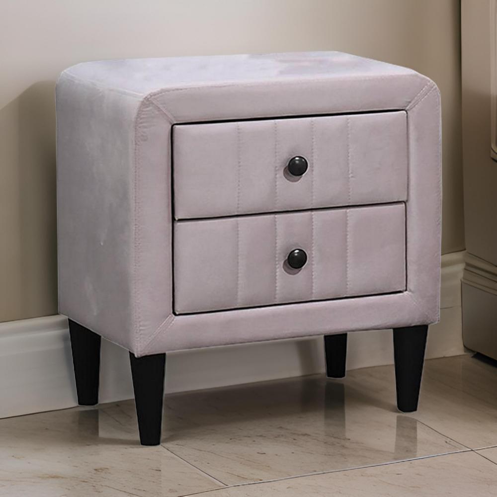 Benjara Rheo Nightstand, 2 Drawers, 22 Inch Upholstered in Light Pink Velvet