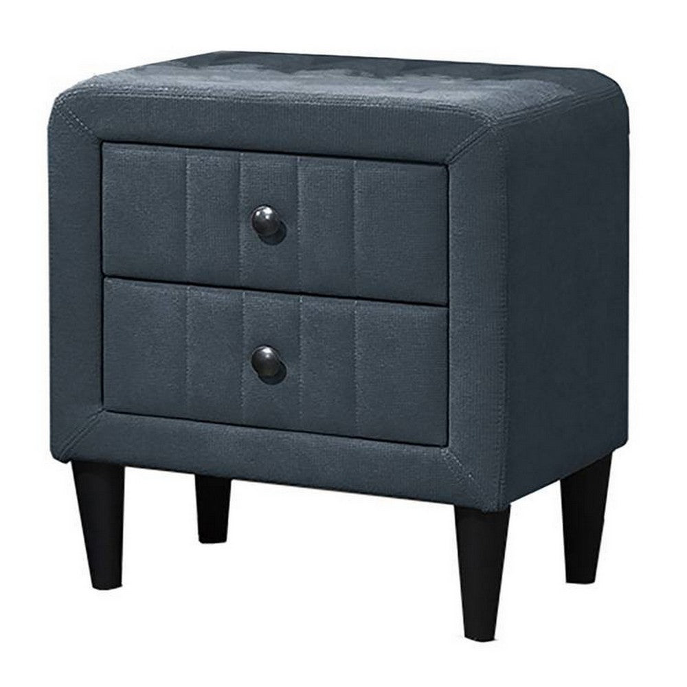 Benjara Rheo Nightstand, 2 Drawers, 22 Inch Upholstered in Charcoal Gray Linen