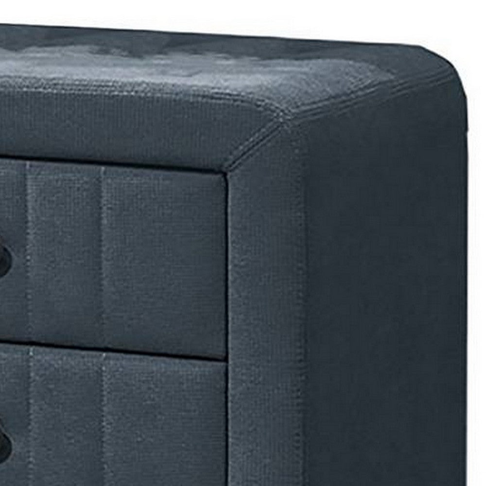 Benjara Rheo Nightstand, 2 Drawers, 22 Inch Upholstered in Charcoal Gray Linen