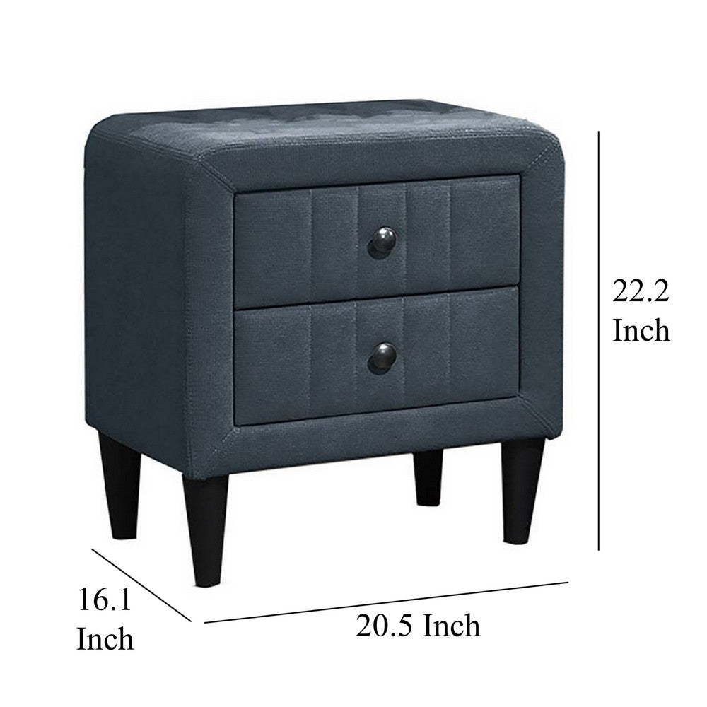 Benjara Rheo Nightstand, 2 Drawers, 22 Inch Upholstered in Charcoal Gray Linen