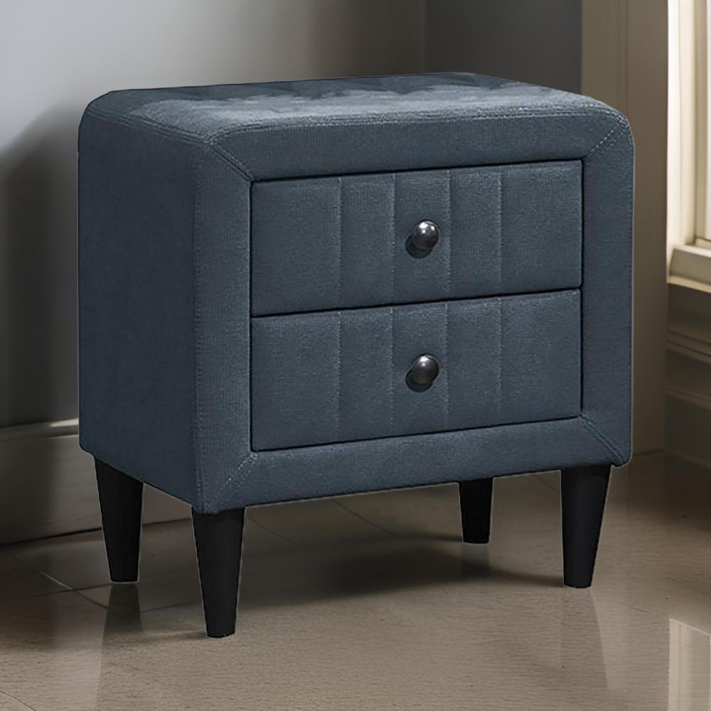 Benjara Rheo Nightstand, 2 Drawers, 22 Inch Upholstered in Charcoal Gray Linen