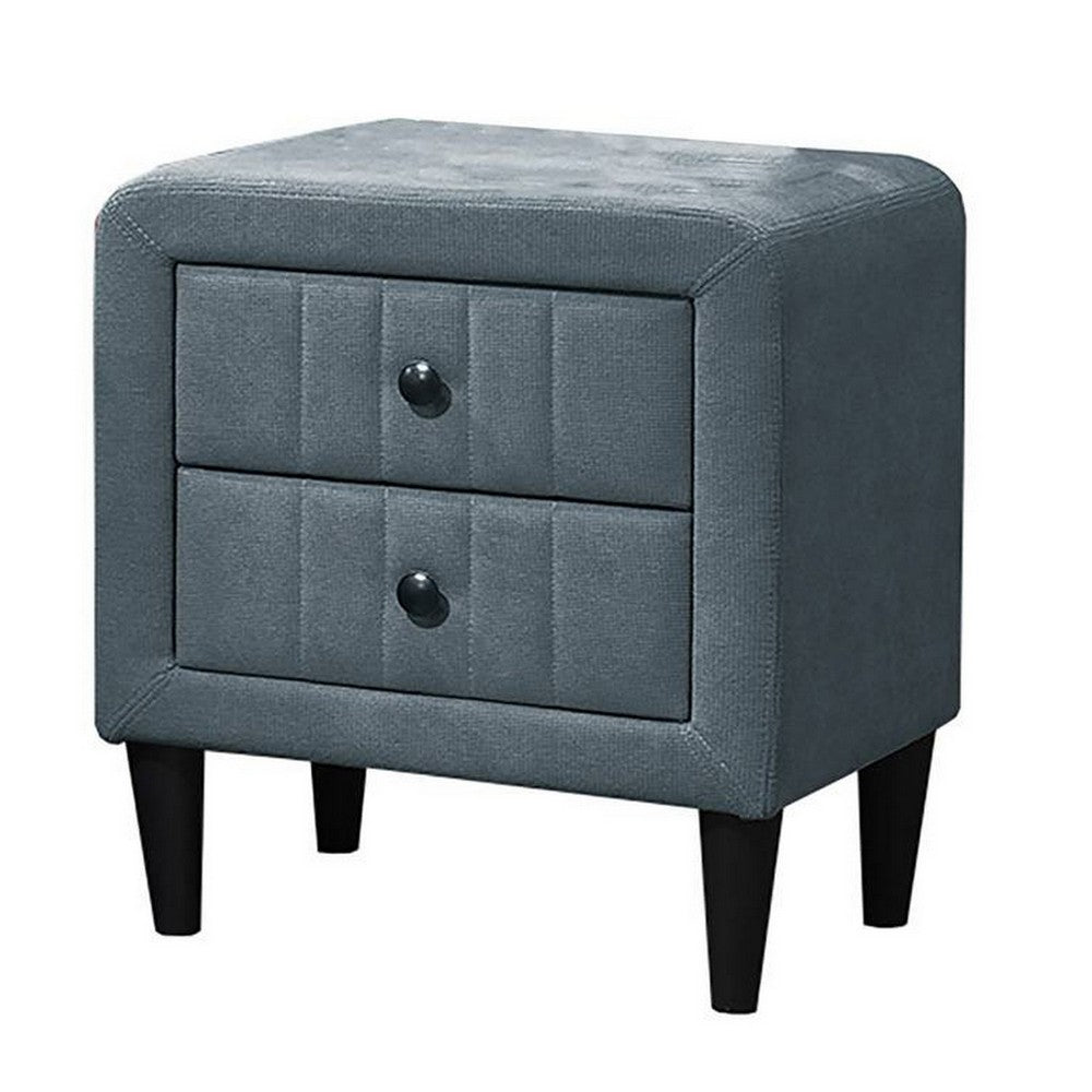 Benjara Rheo Nightstand, 2 Drawer, 22 Inch Slate Gray Brushed Linen Upholstery