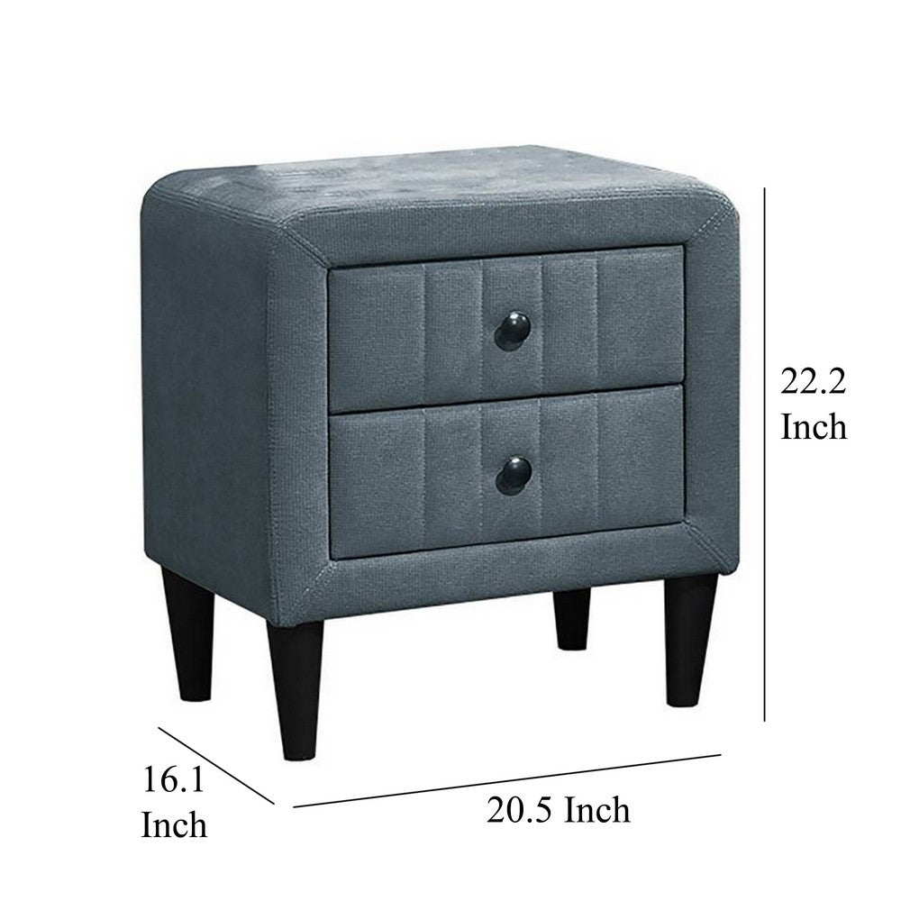 Benjara Rheo Nightstand, 2 Drawer, 22 Inch Slate Gray Brushed Linen Upholstery