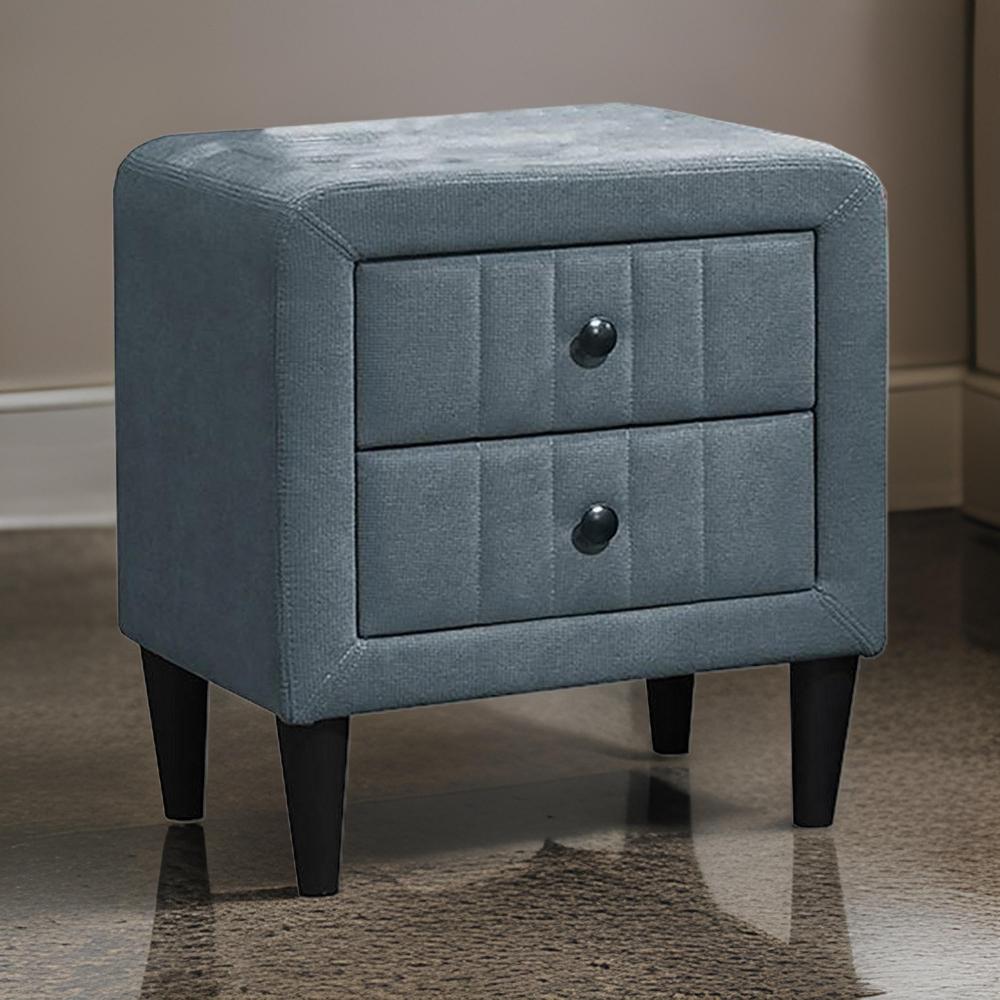 Benjara Rheo Nightstand, 2 Drawer, 22 Inch Slate Gray Brushed Linen Upholstery