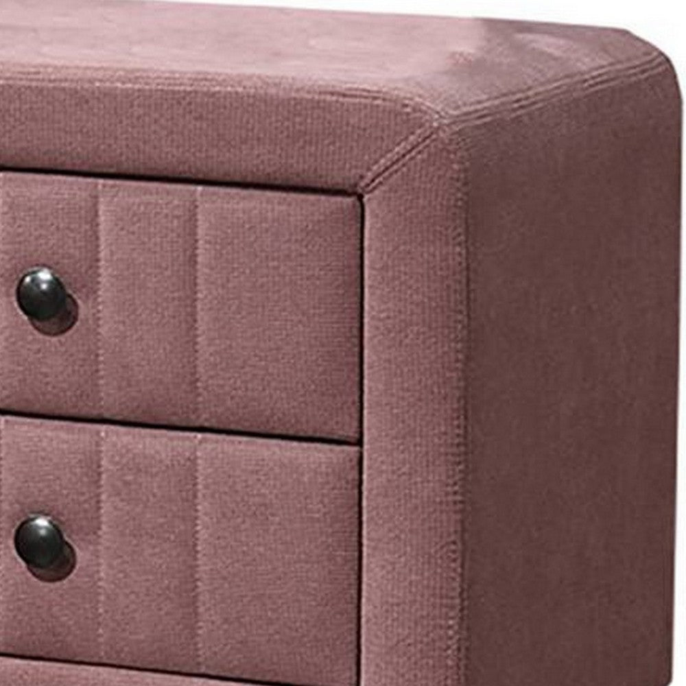 Benjara Rheo Nightstand, 2 Drawer, 22 Inch Blush Pink Brushed Linen Upholstery
