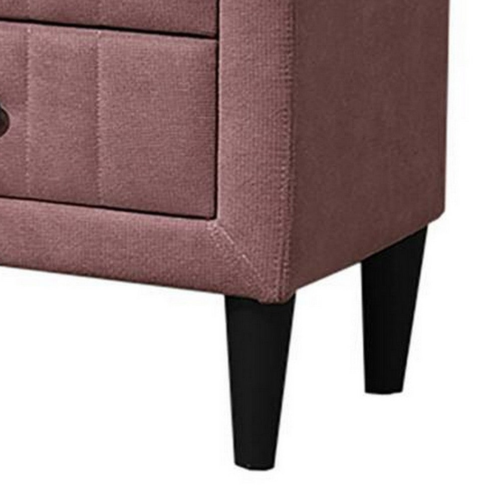 Benjara Rheo Nightstand, 2 Drawer, 22 Inch Blush Pink Brushed Linen Upholstery