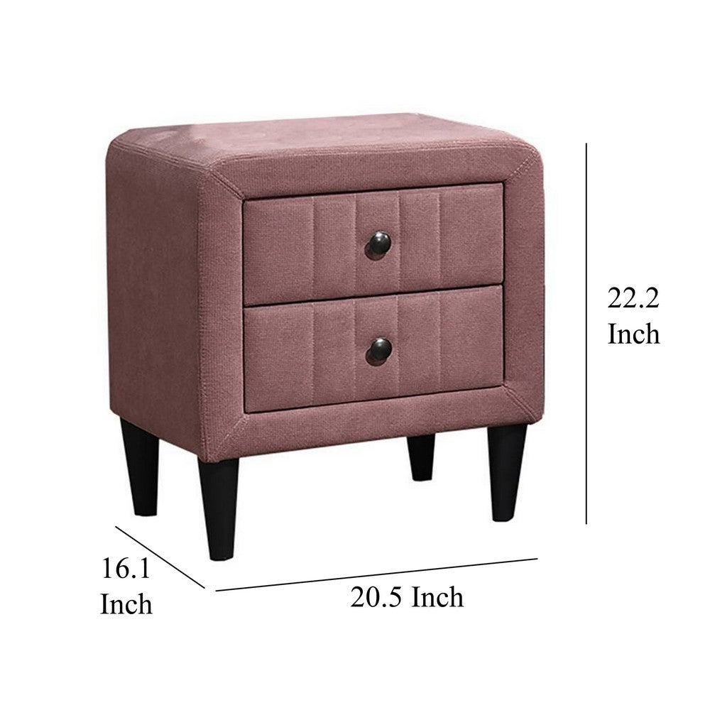 Benjara Rheo Nightstand, 2 Drawer, 22 Inch Blush Pink Brushed Linen Upholstery