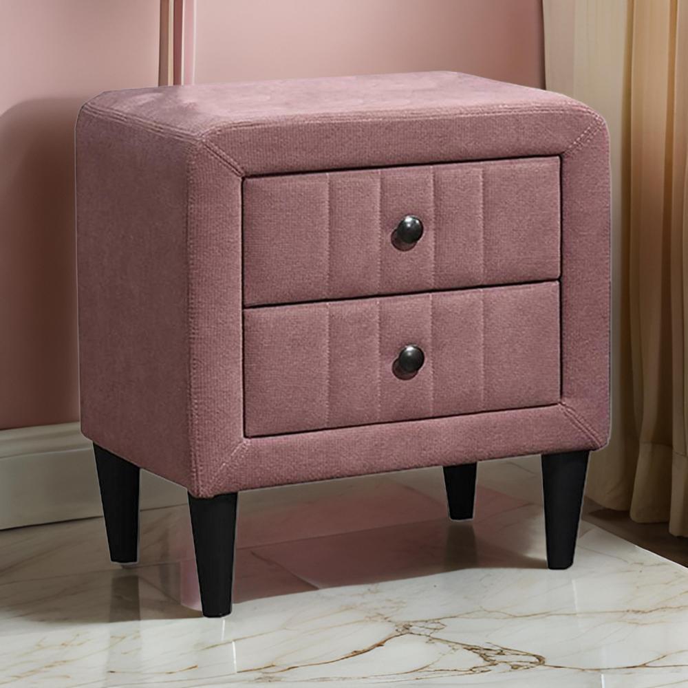 Benjara Rheo Nightstand, 2 Drawer, 22 Inch Blush Pink Brushed Linen Upholstery