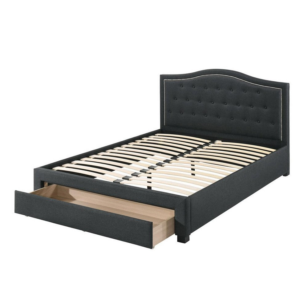 Benjara Sey Full Size Bed w Storage Drawers, Dark Gray Upholstered Headboard