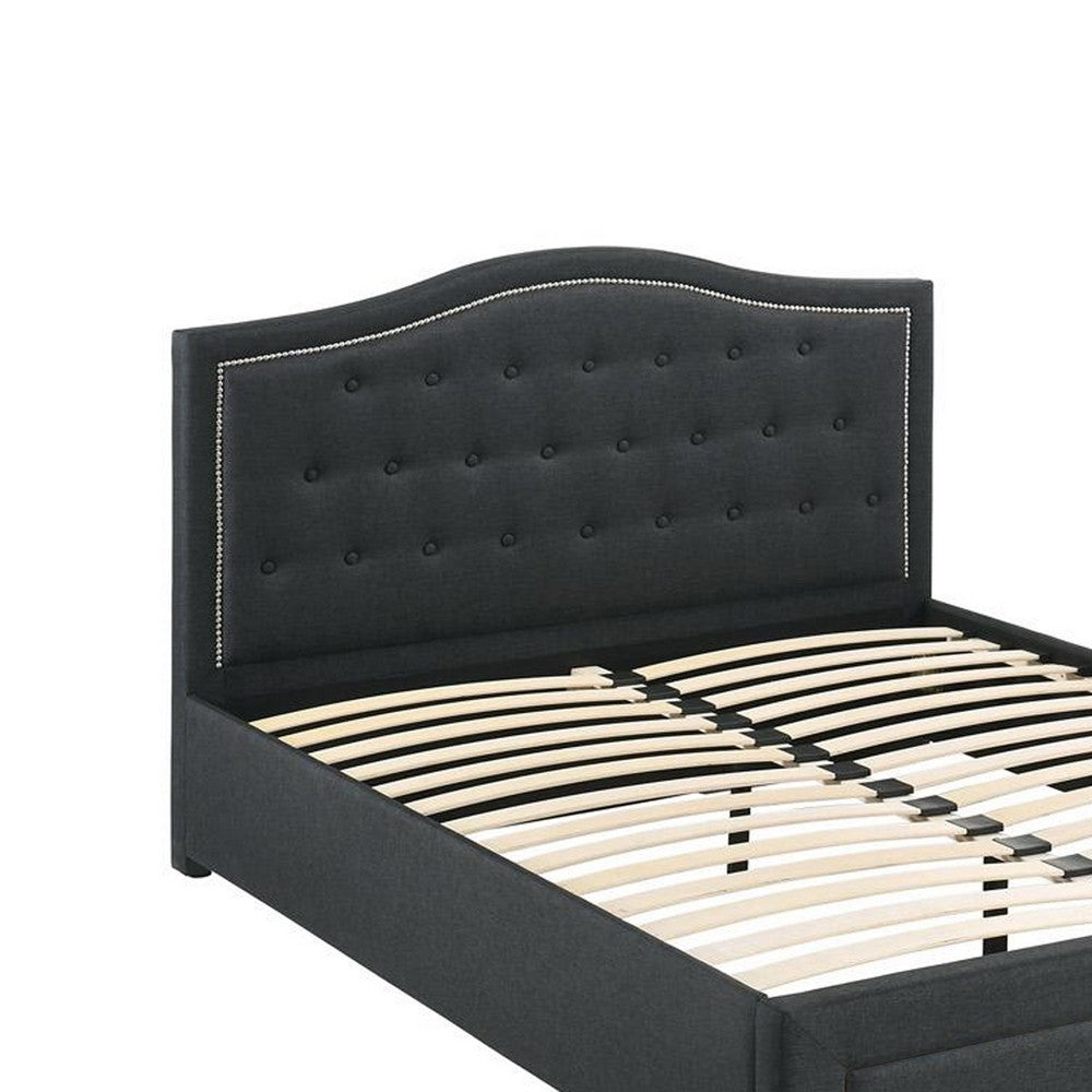 Benjara Sey Full Size Bed w Storage Drawers, Dark Gray Upholstered Headboard