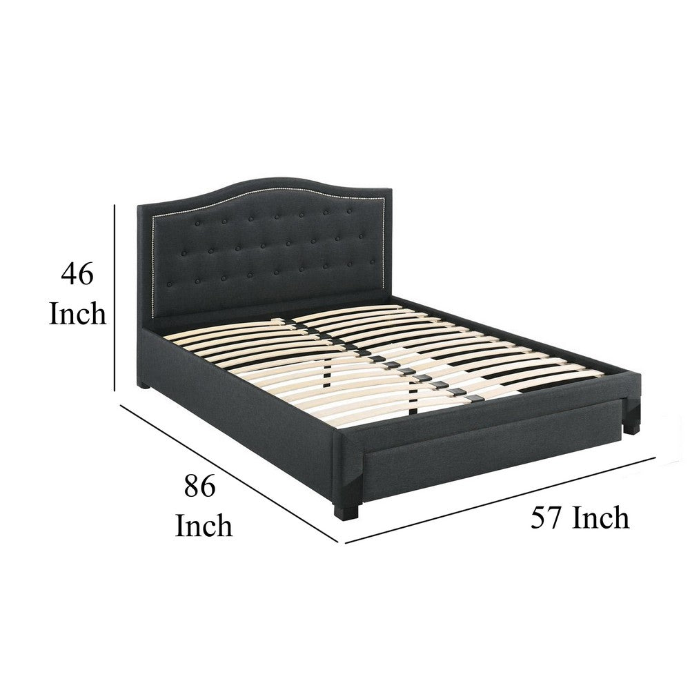 Benjara Sey Full Size Bed w Storage Drawers, Dark Gray Upholstered Headboard