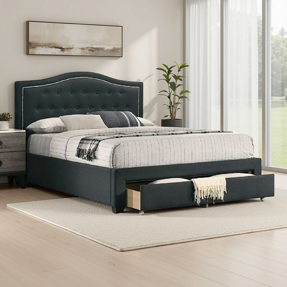 Benjara Sey Full Size Bed w Storage Drawers, Dark Gray Upholstered Headboard