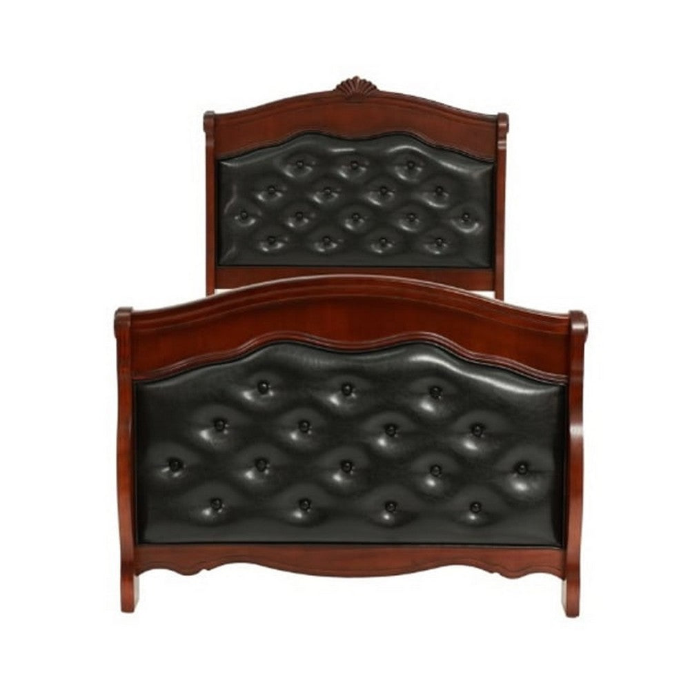 Benjara Jeny Twin Bed, Tufted Camelback, Cherry Brown, Faux Leather Upholstery