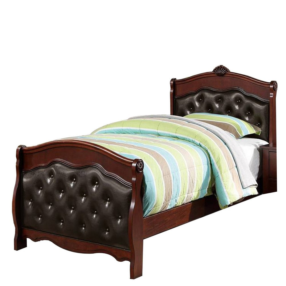 Benjara Jeny Twin Bed, Tufted Camelback, Cherry Brown, Faux Leather Upholstery