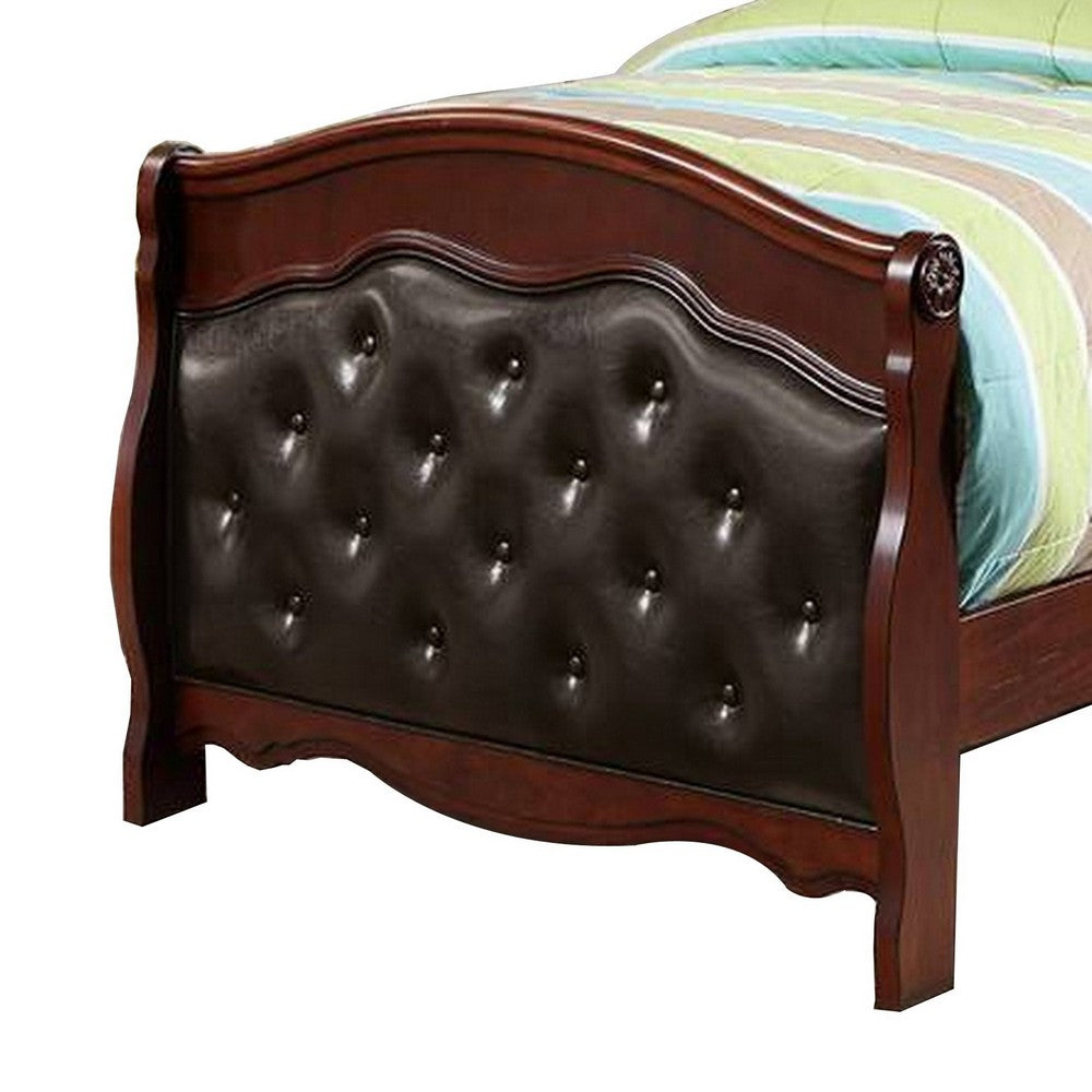 Benjara Jeny Twin Bed, Tufted Camelback, Cherry Brown, Faux Leather Upholstery
