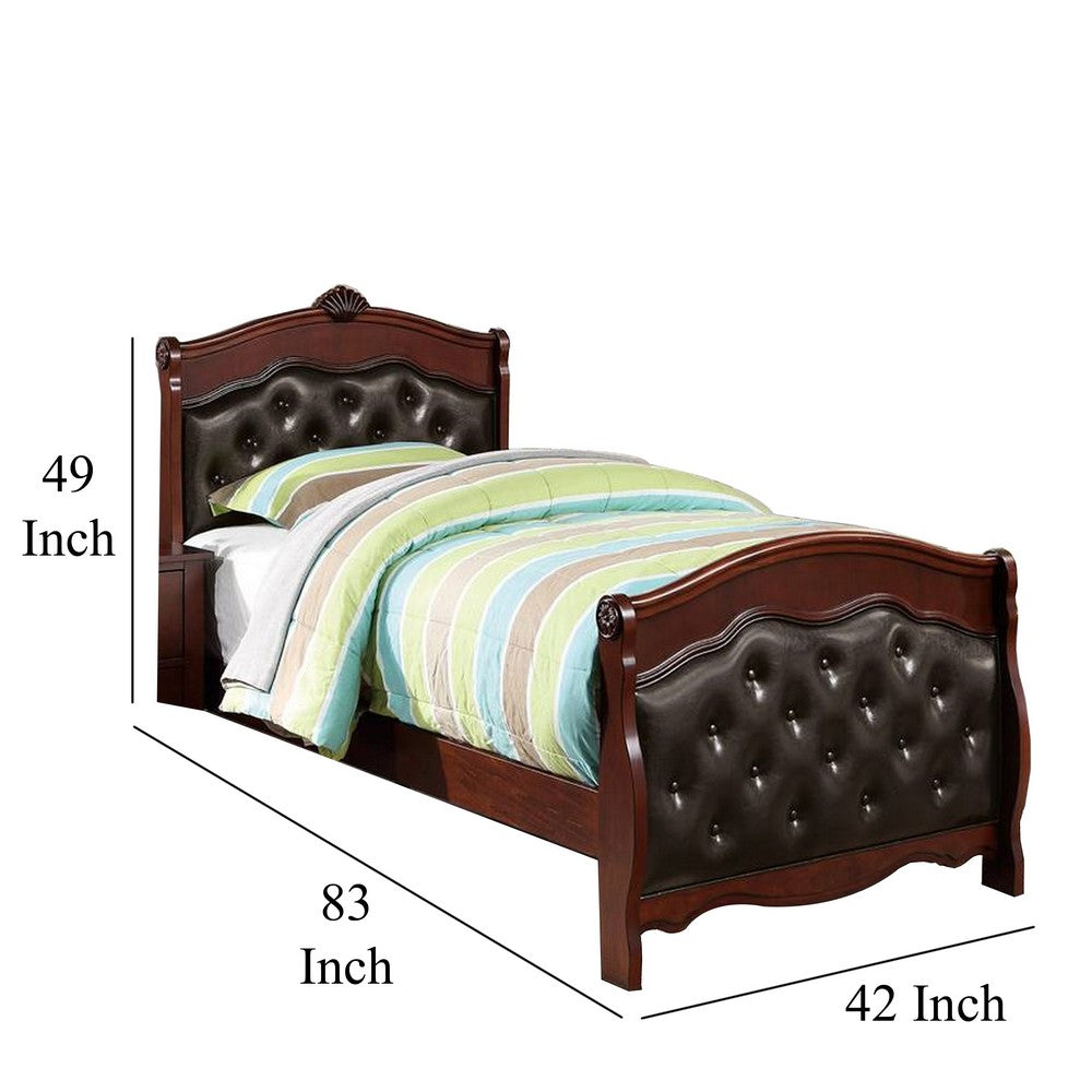 Benjara Jeny Twin Bed, Tufted Camelback, Cherry Brown, Faux Leather Upholstery