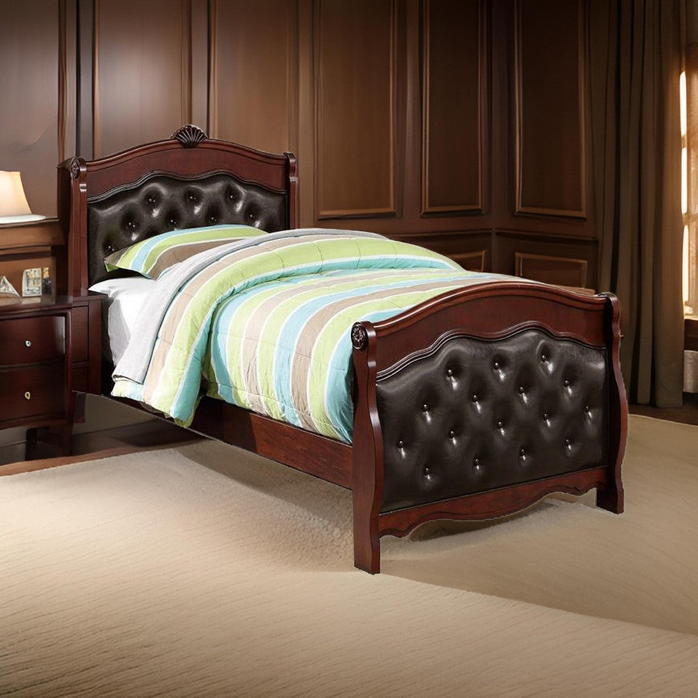 Benjara Jeny Twin Bed, Tufted Camelback, Cherry Brown, Faux Leather Upholstery