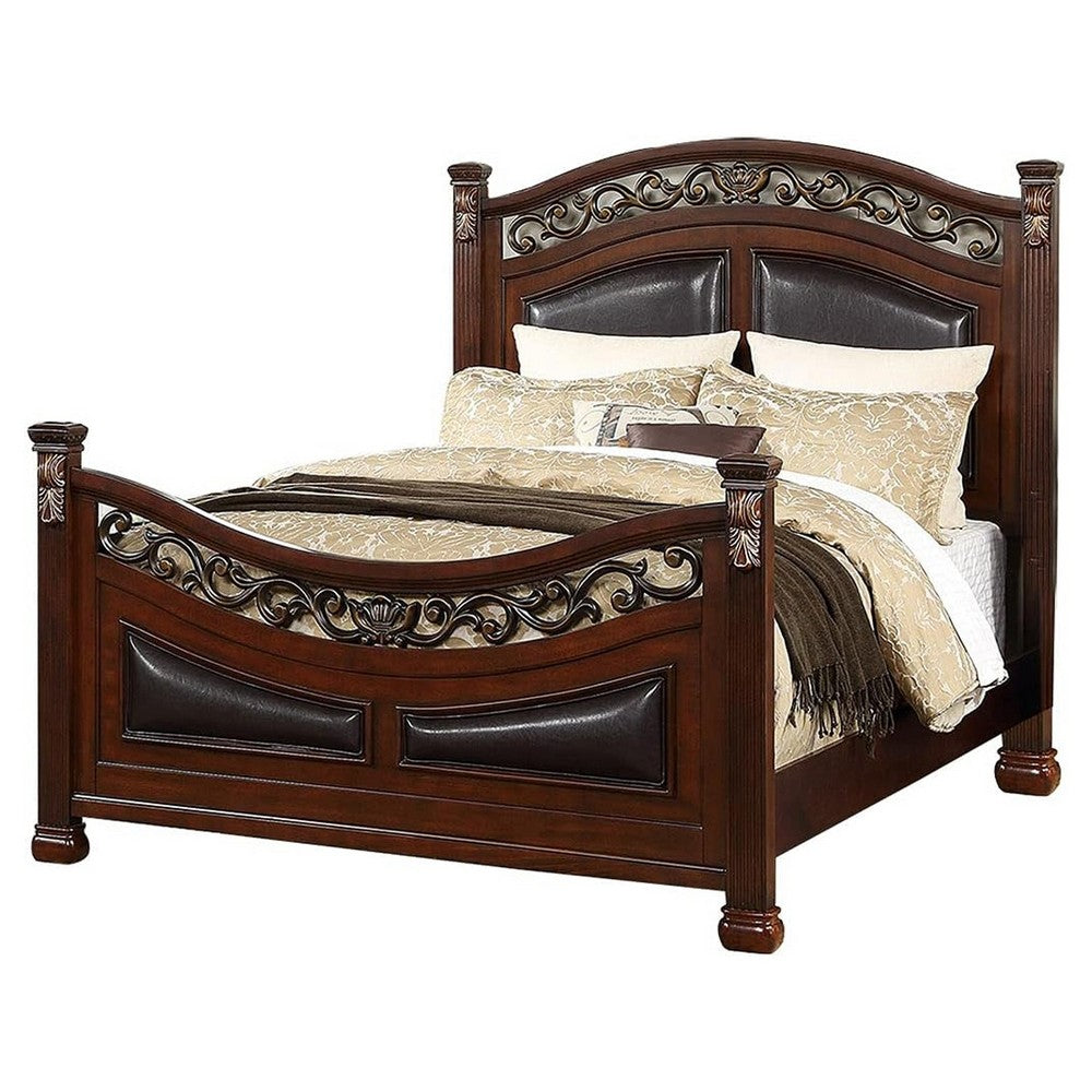 Benjara Meo Queen Size Bed, Padded Carved Dark Brown Faux Leather Upholstered