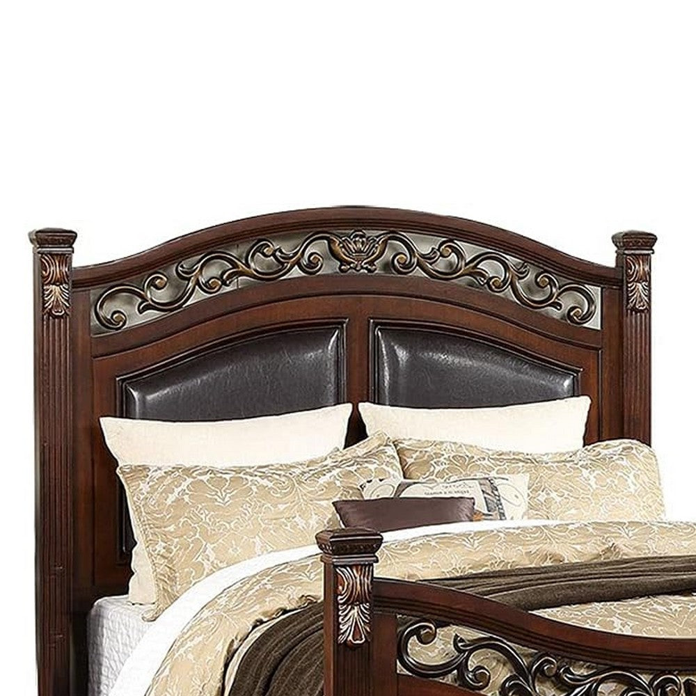Benjara Meo Queen Size Bed, Padded Carved Dark Brown Faux Leather Upholstered