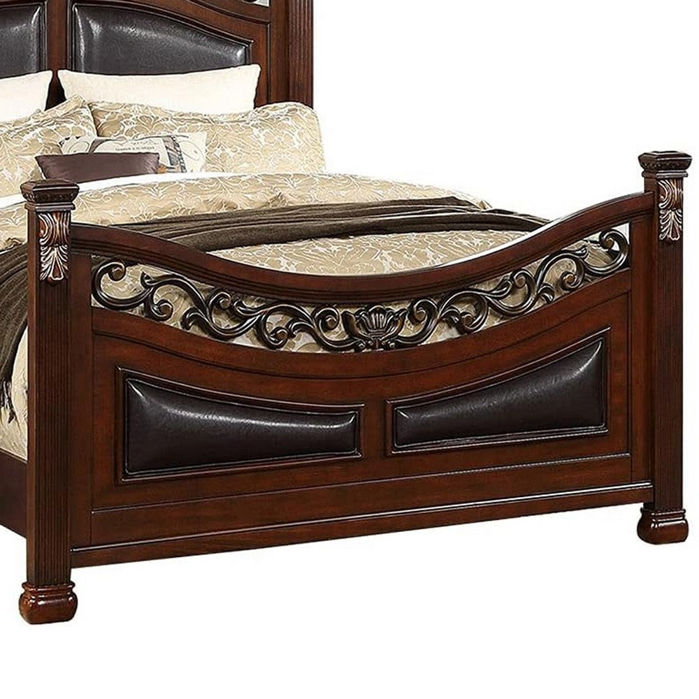 Benjara Meo Queen Size Bed, Padded Carved Dark Brown Faux Leather Upholstered