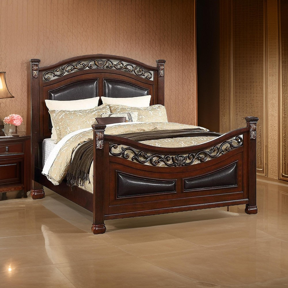 Benjara Meo Queen Size Bed, Padded Carved Dark Brown Faux Leather Upholstered