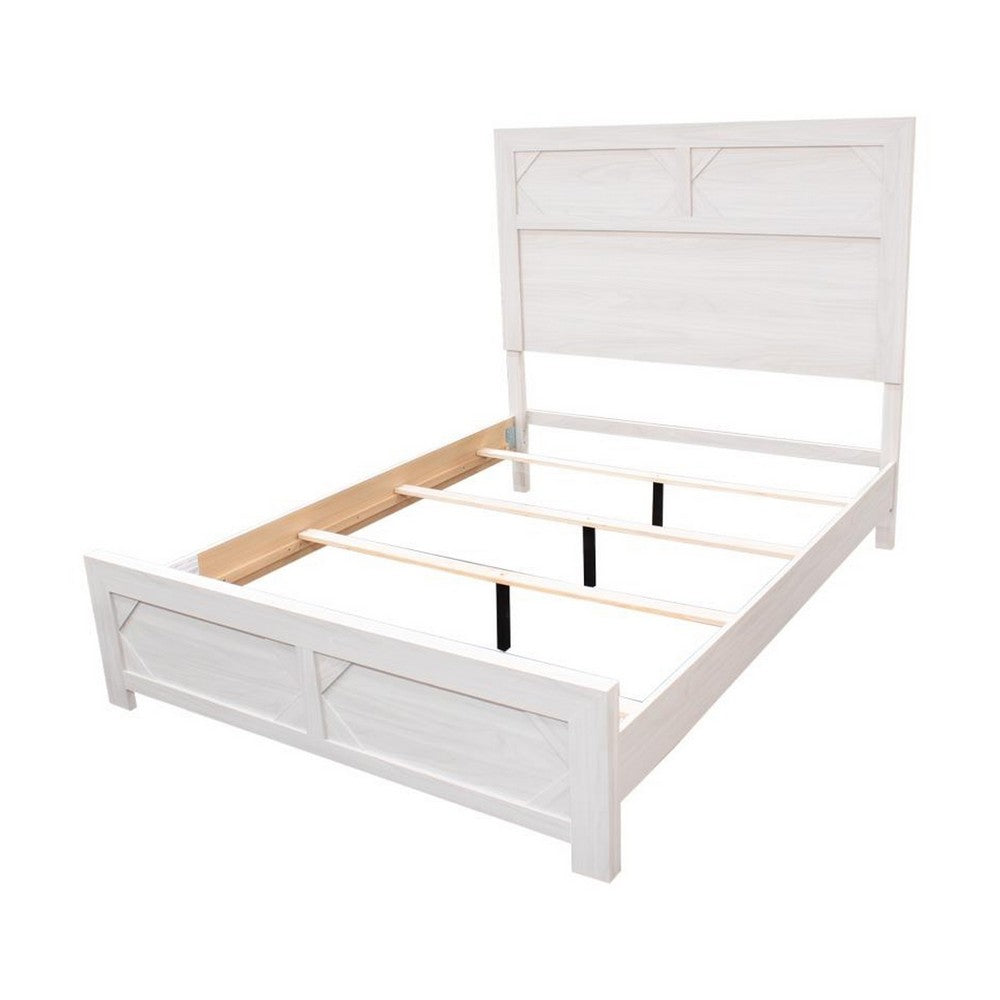 Benjara Modern Queen Size Bed, High Headboard w Low Footboard, Whitewash Wood