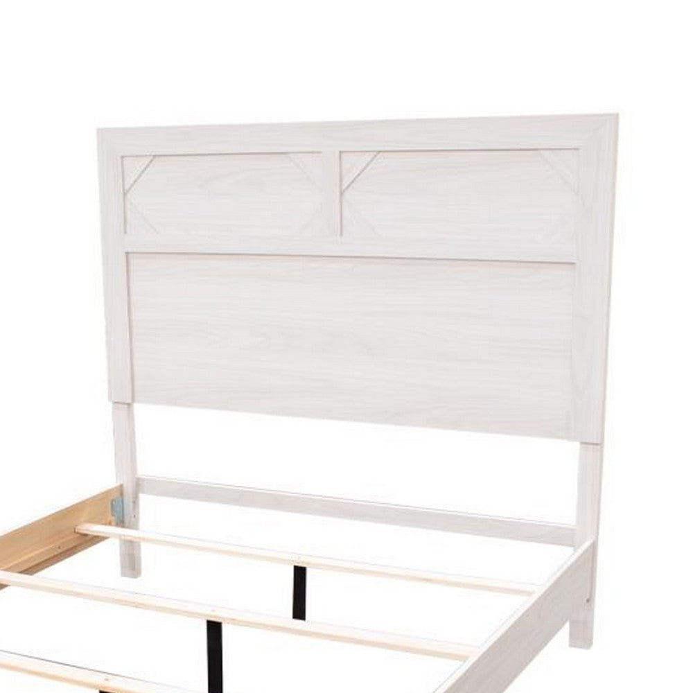 Benjara Modern Queen Size Bed, High Headboard w Low Footboard, Whitewash Wood