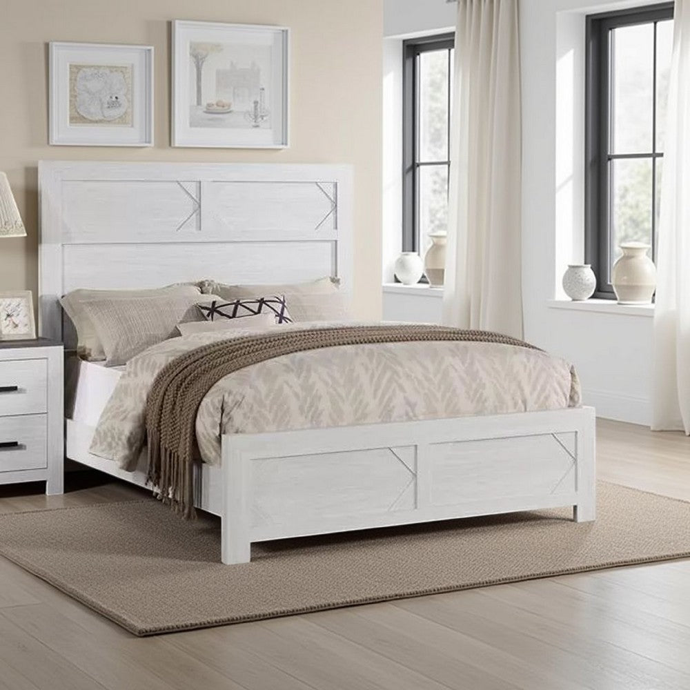 Benjara Modern Queen Size Bed, High Headboard w Low Footboard, Whitewash Wood