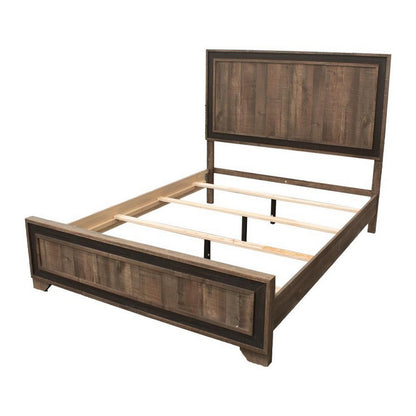 Benjara Modern Queen Size Bed w Tall Panel Headboard, Rustic Brown Wood
